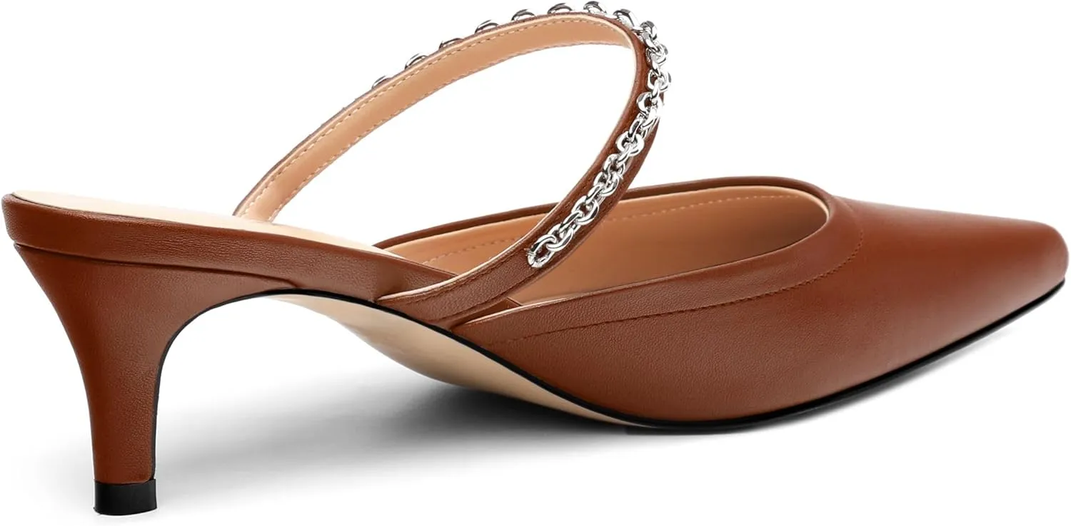 Women's Kitten Heel Pumps, Pointed Toe Open Heel Mule Shoes, Silver Chain Embellished Strap, Dress Slingback Party Heels.