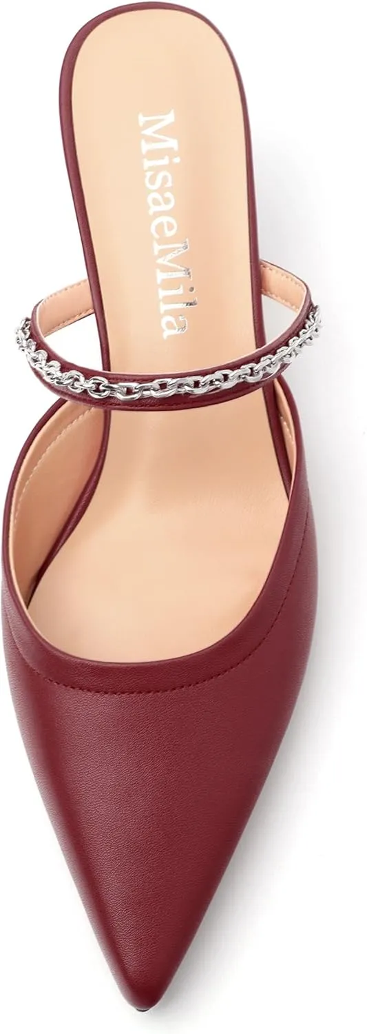 Women's Kitten Heel Pumps, Pointed Toe Open Heel Mule Shoes, Silver Chain Embellished Strap, Dress Slingback Party Heels.