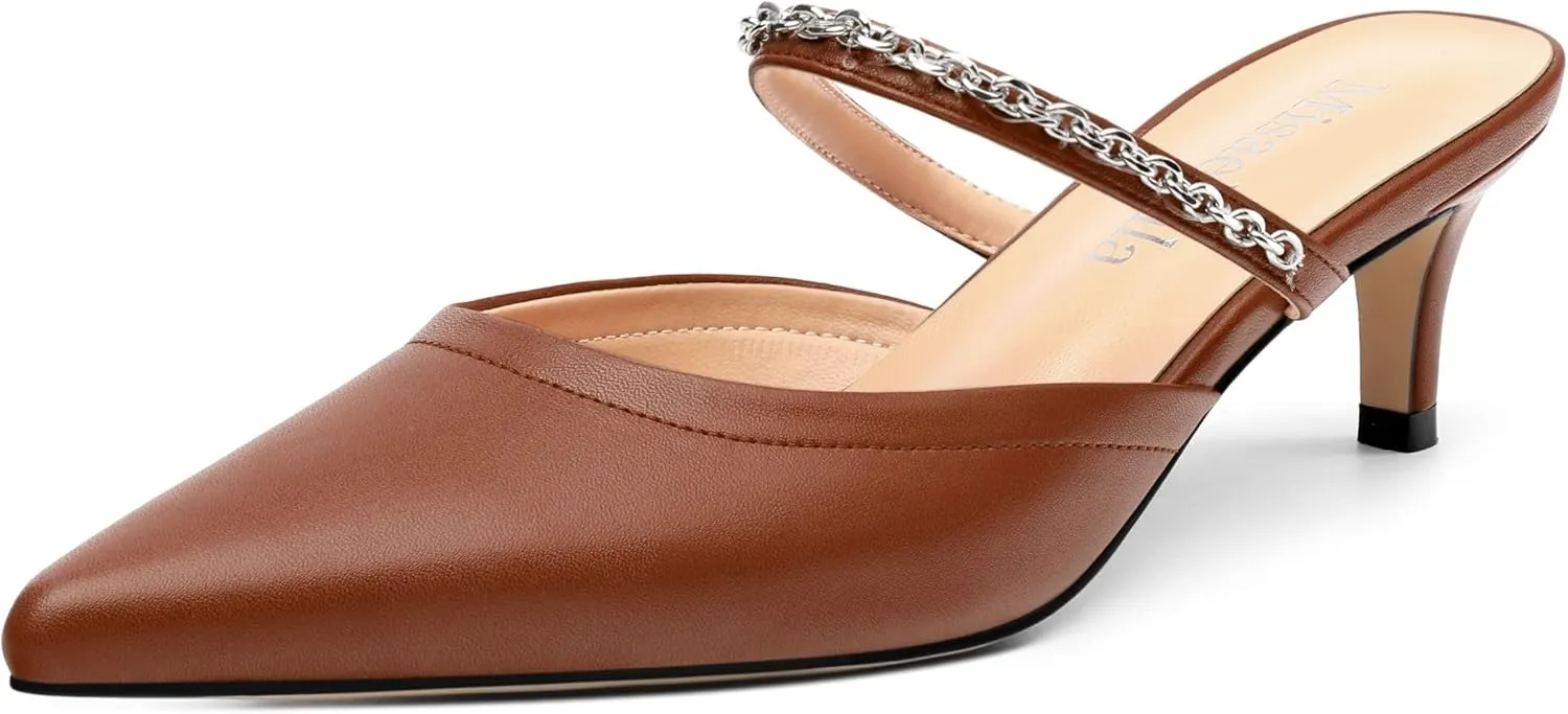 Women's Kitten Heel Pumps, Pointed Toe Open Heel Mule Shoes, Silver Chain Embellished Strap, Dress Slingback Party Heels.