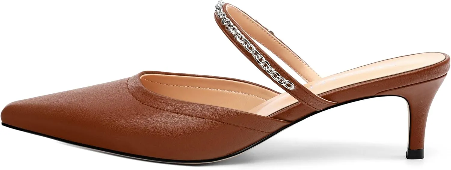 Women's Kitten Heel Pumps, Pointed Toe Open Heel Mule Shoes, Silver Chain Embellished Strap, Dress Slingback Party Heels.