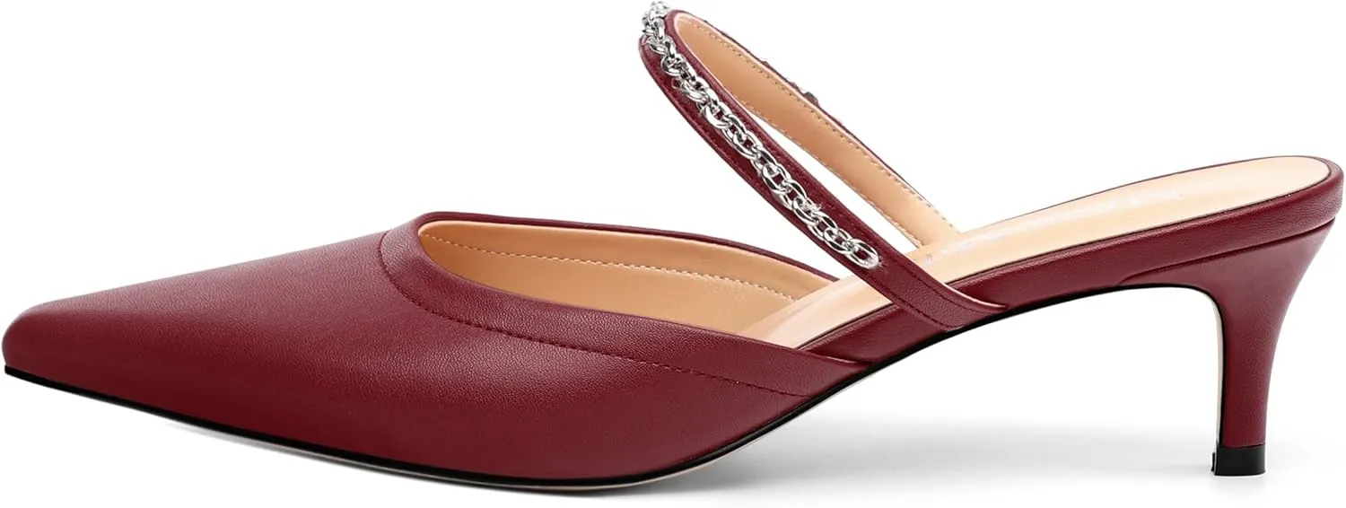 Women's Kitten Heel Pumps, Pointed Toe Open Heel Mule Shoes, Silver Chain Embellished Strap, Dress Slingback Party Heels.