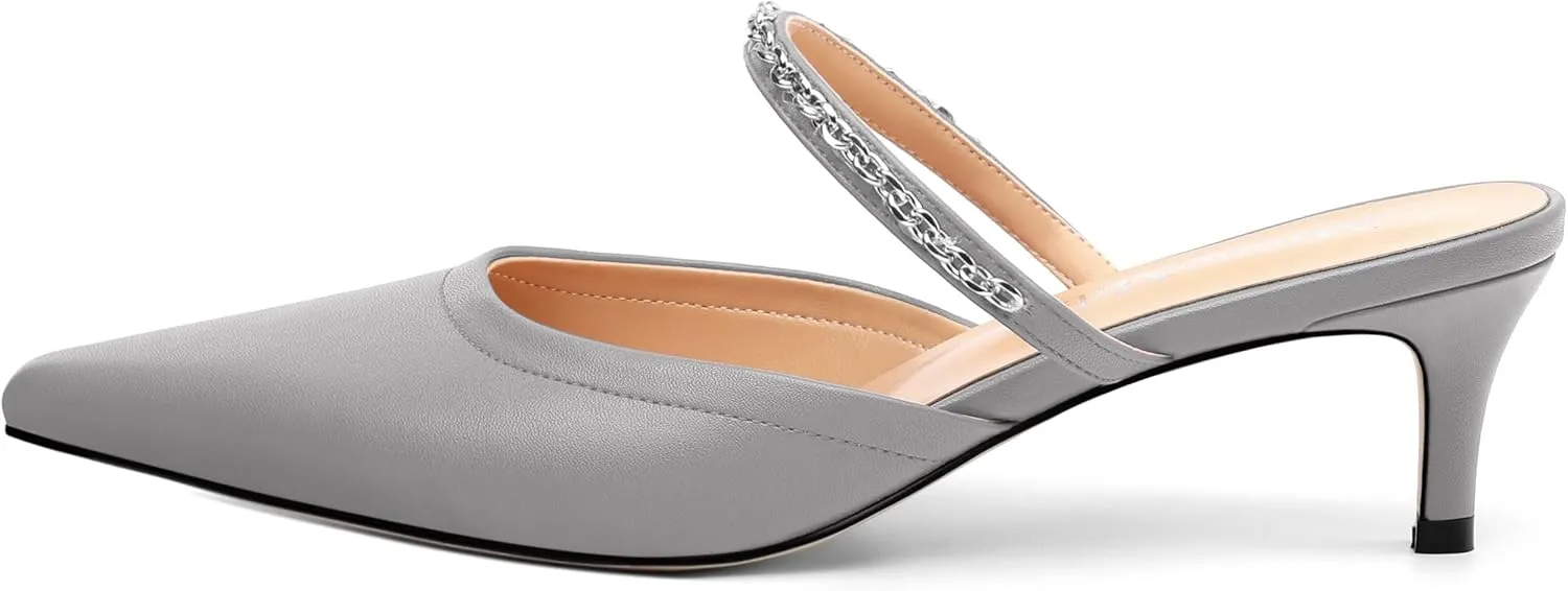 Women's Kitten Heel Pumps, Pointed Toe Open Heel Mule Shoes, Silver Chain Embellished Strap, Dress Slingback Party Heels.