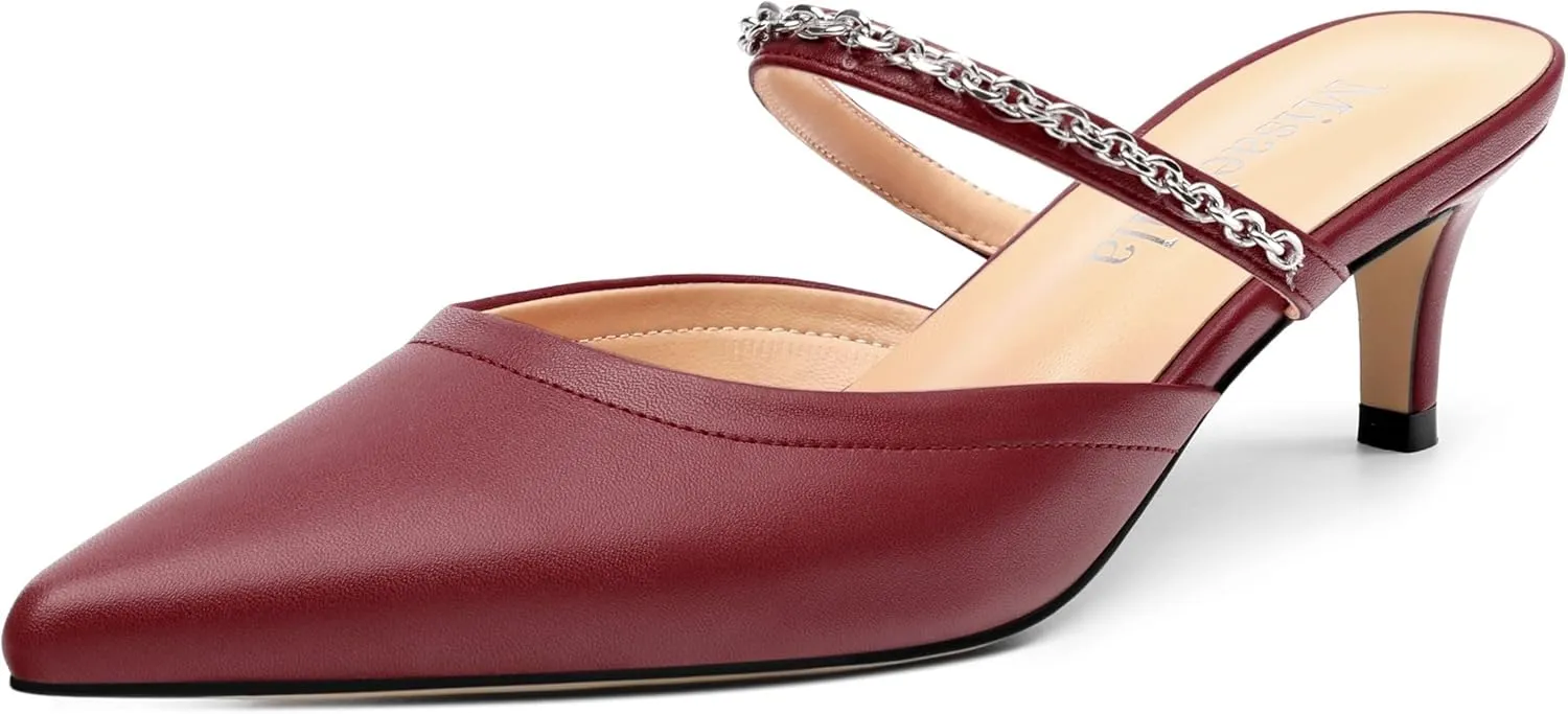 Women's Kitten Heel Pumps, Pointed Toe Open Heel Mule Shoes, Silver Chain Embellished Strap, Dress Slingback Party Heels.