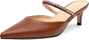 Women's Kitten Heel Pumps, Pointed Toe Open Heel Mule Shoes, Silver Chain Embellished Strap, Dress Slingback Party Heels.