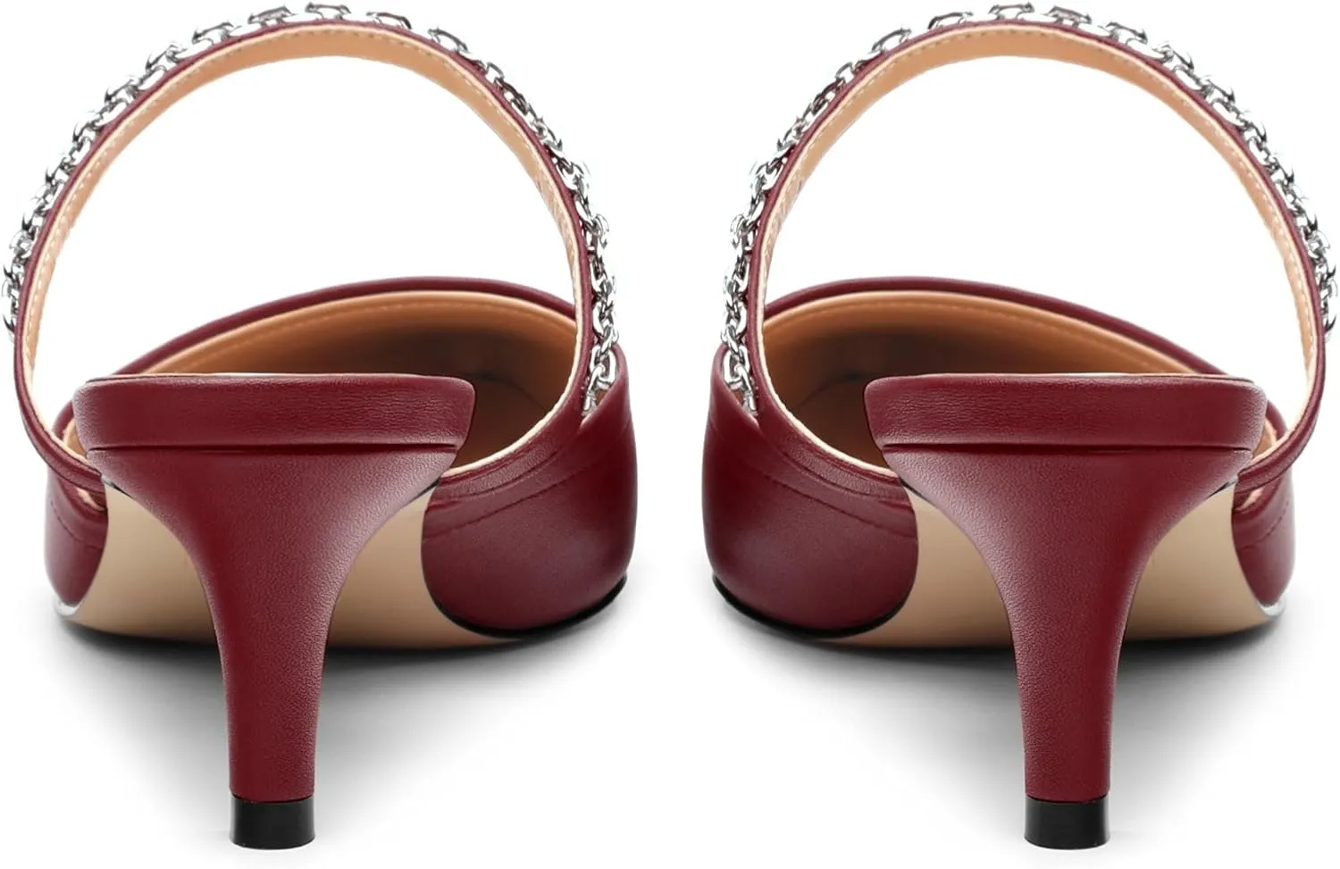 Women's Kitten Heel Pumps, Pointed Toe Open Heel Mule Shoes, Silver Chain Embellished Strap, Dress Slingback Party Heels.