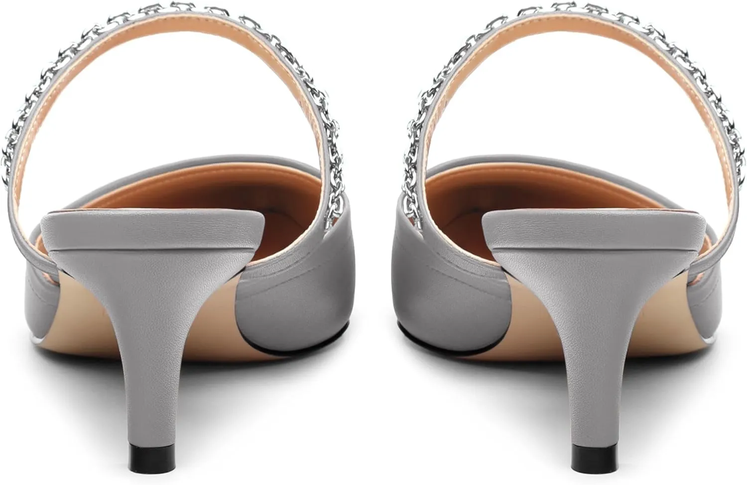 Women's Kitten Heel Pumps, Pointed Toe Open Heel Mule Shoes, Silver Chain Embellished Strap, Dress Slingback Party Heels.