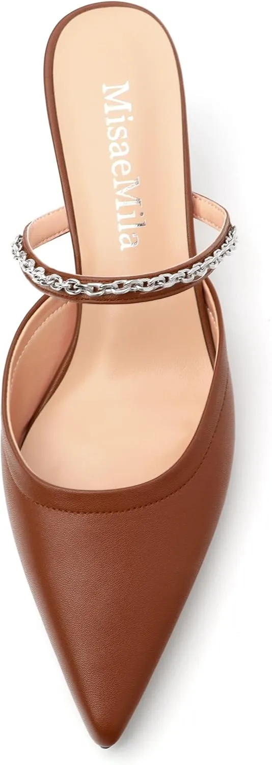 Women's Kitten Heel Pumps, Pointed Toe Open Heel Mule Shoes, Silver Chain Embellished Strap, Dress Slingback Party Heels.