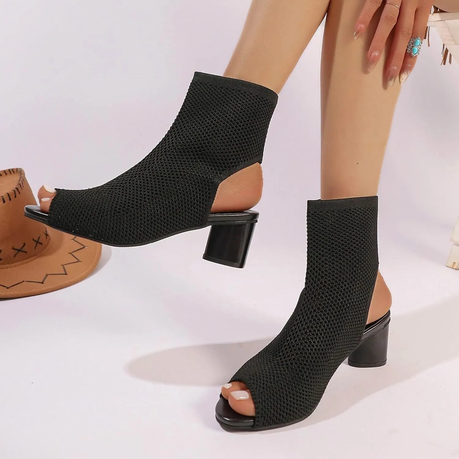 Women's Knit Toe Chunky Heel Ankle Boots Open Pointed Toe Slingback Heeled Sandals Summer Casual High Heel Locking Strap
