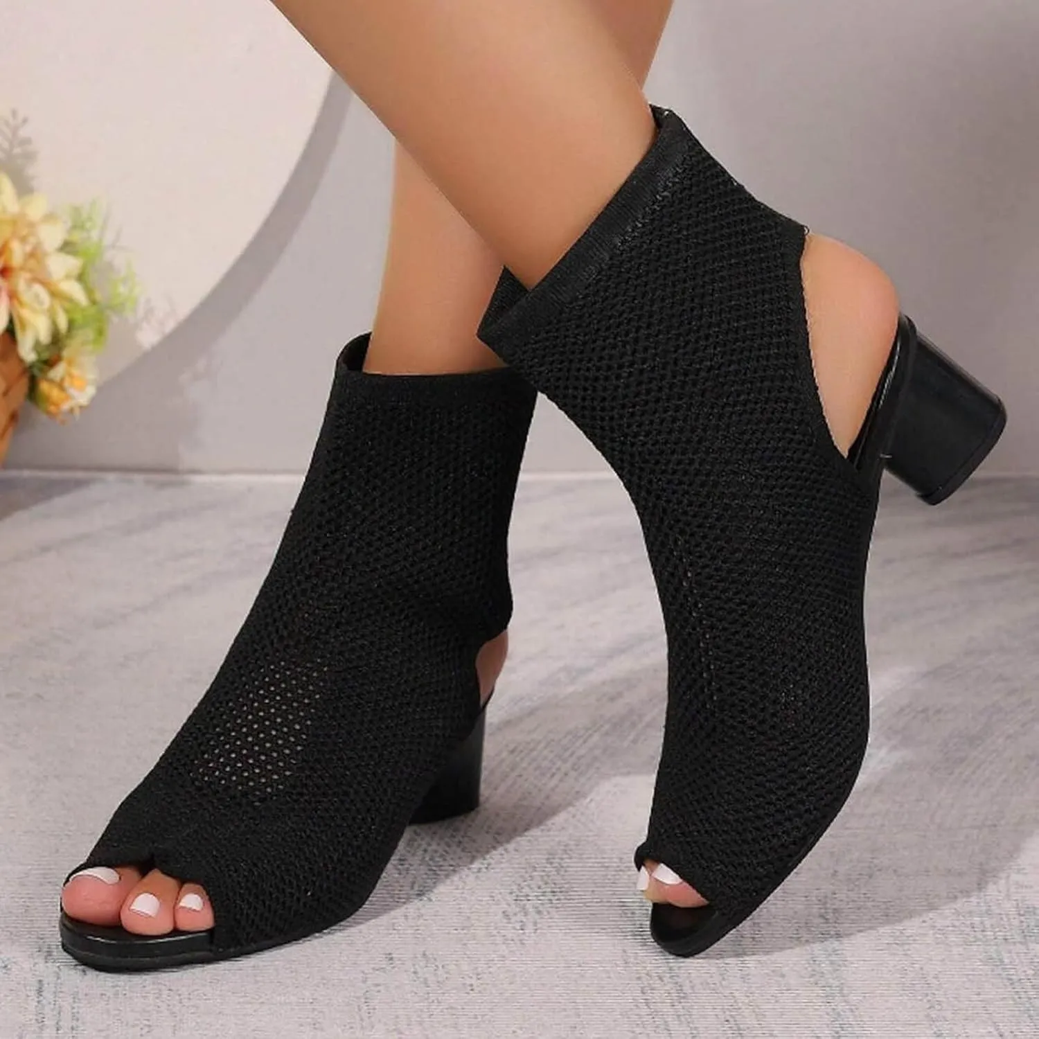 Women's Knit Toe Chunky Heel Ankle Boots Open Pointed Toe Slingback Heeled Sandals Summer Casual High Heel Locking Strap