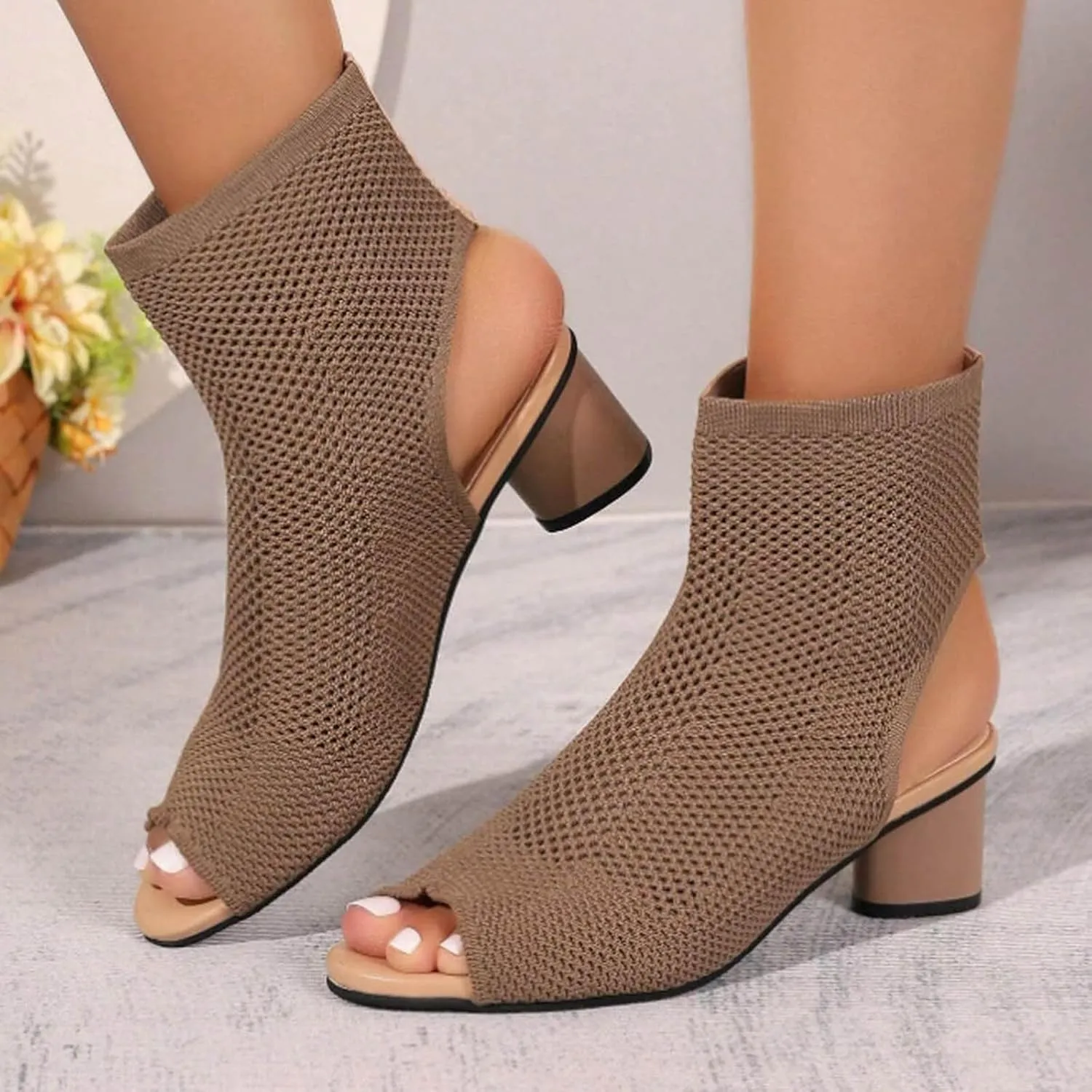 Women's Knit Toe Chunky Heel Ankle Boots Open Pointed Toe Slingback Heeled Sandals Summer Casual High Heel Locking Strap