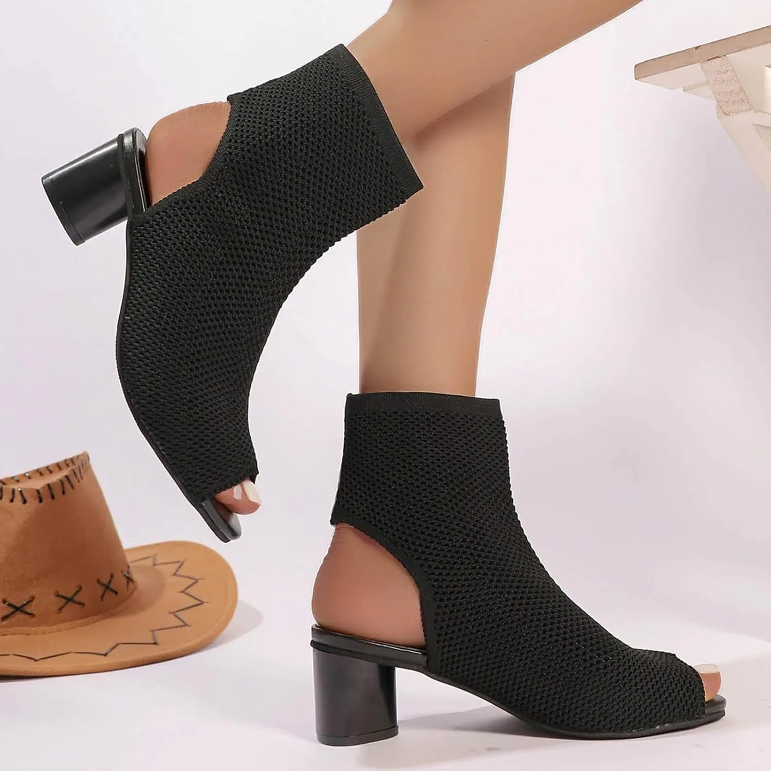 Women's Knit Toe Chunky Heel Ankle Boots Open Pointed Toe Slingback Heeled Sandals Summer Casual High Heel Locking Strap