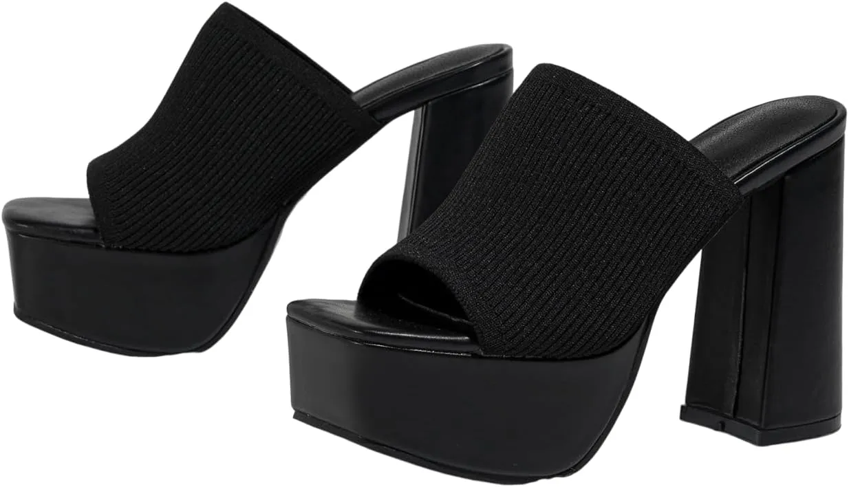 Womens Knitted Platform Chunky Heels Sandals Square Open Toe Slip On Mules Shoes Stretch Knitted Sexy Party Heels Mules