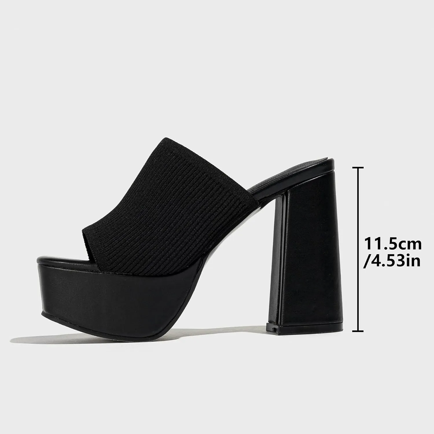 Womens Knitted Platform Chunky Heels Sandals Square Open Toe Slip On Mules Shoes Stretch Knitted Sexy Party Heels Mules