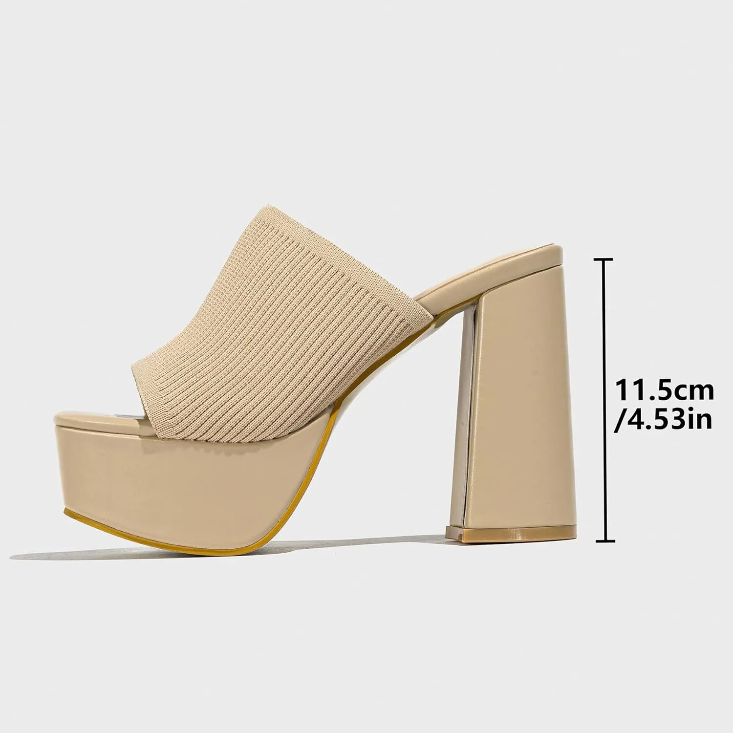 Womens Knitted Platform Chunky Heels Sandals Square Open Toe Slip On Mules Shoes Stretch Knitted Sexy Party Heels Mules