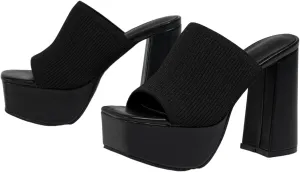 Womens Knitted Platform Chunky Heels Sandals Square Open Toe Slip On Mules Shoes Stretch Knitted Sexy Party Heels Mules