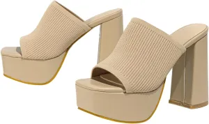 Womens Knitted Platform Chunky Heels Sandals Square Open Toe Slip On Mules Shoes Stretch Knitted Sexy Party Heels Mules