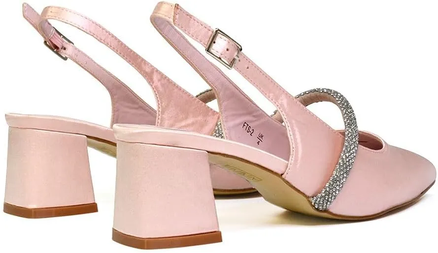 Womens Low Heel Bridal Shoes Ladies Pull On Slingback Strap Wedding Party Pointed Toe Courts Pumps Size 3-8