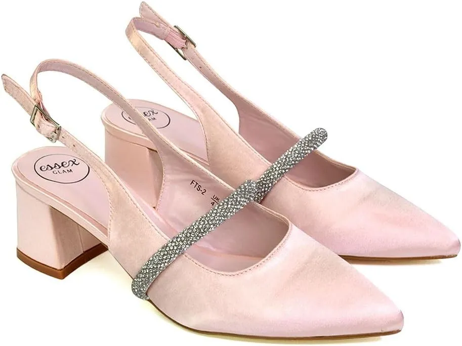 Womens Low Heel Bridal Shoes Ladies Pull On Slingback Strap Wedding Party Pointed Toe Courts Pumps Size 3-8