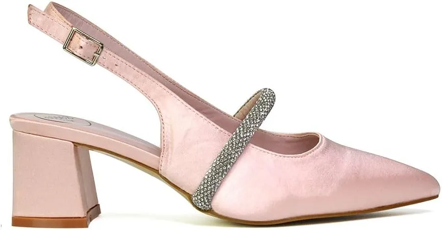 Womens Low Heel Bridal Shoes Ladies Pull On Slingback Strap Wedding Party Pointed Toe Courts Pumps Size 3-8
