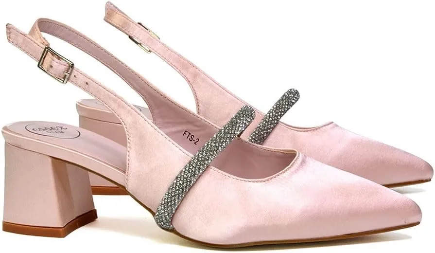 Womens Low Heel Bridal Shoes Ladies Pull On Slingback Strap Wedding Party Pointed Toe Courts Pumps Size 3-8
