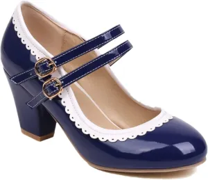 Women's Low Heels Mary Janes Shoes Chunky Closed Toe Straps Block Heels Sweet Dress Wedding Party Pumps Shoes Female Large Size