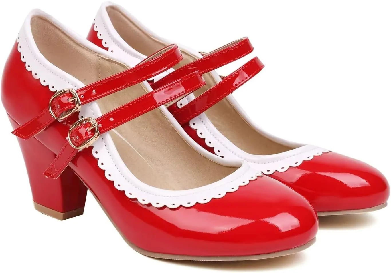 Women's Low Heels Mary Janes Shoes Chunky Closed Toe Straps Block Heels Sweet Dress Wedding Party Pumps Shoes Female Large Size