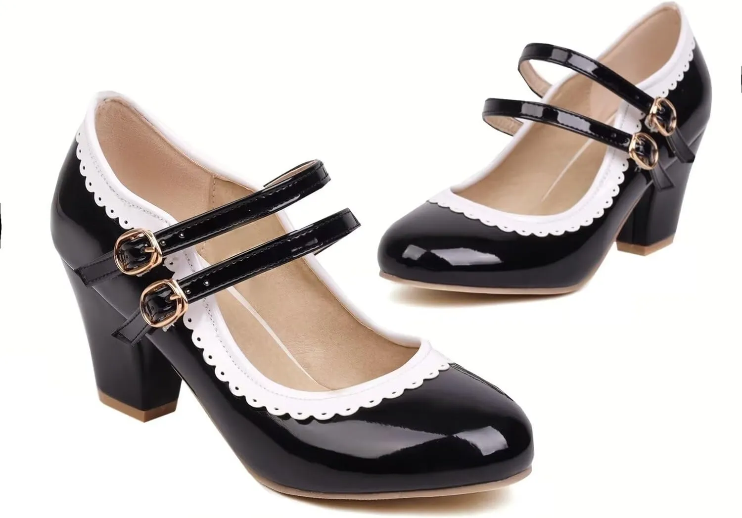 Women's Low Heels Mary Janes Shoes Chunky Closed Toe Straps Block Heels Sweet Dress Wedding Party Pumps Shoes Female Large Size