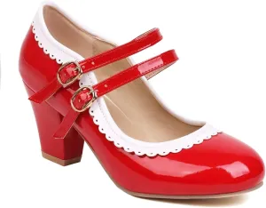 Women's Low Heels Mary Janes Shoes Chunky Closed Toe Straps Block Heels Sweet Dress Wedding Party Pumps Shoes Female Large Size