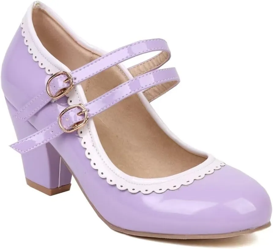 Women's Low Heels Mary Janes Shoes Chunky Closed Toe Straps Block Heels Sweet Dress Wedding Party Pumps Shoes Female Large Size