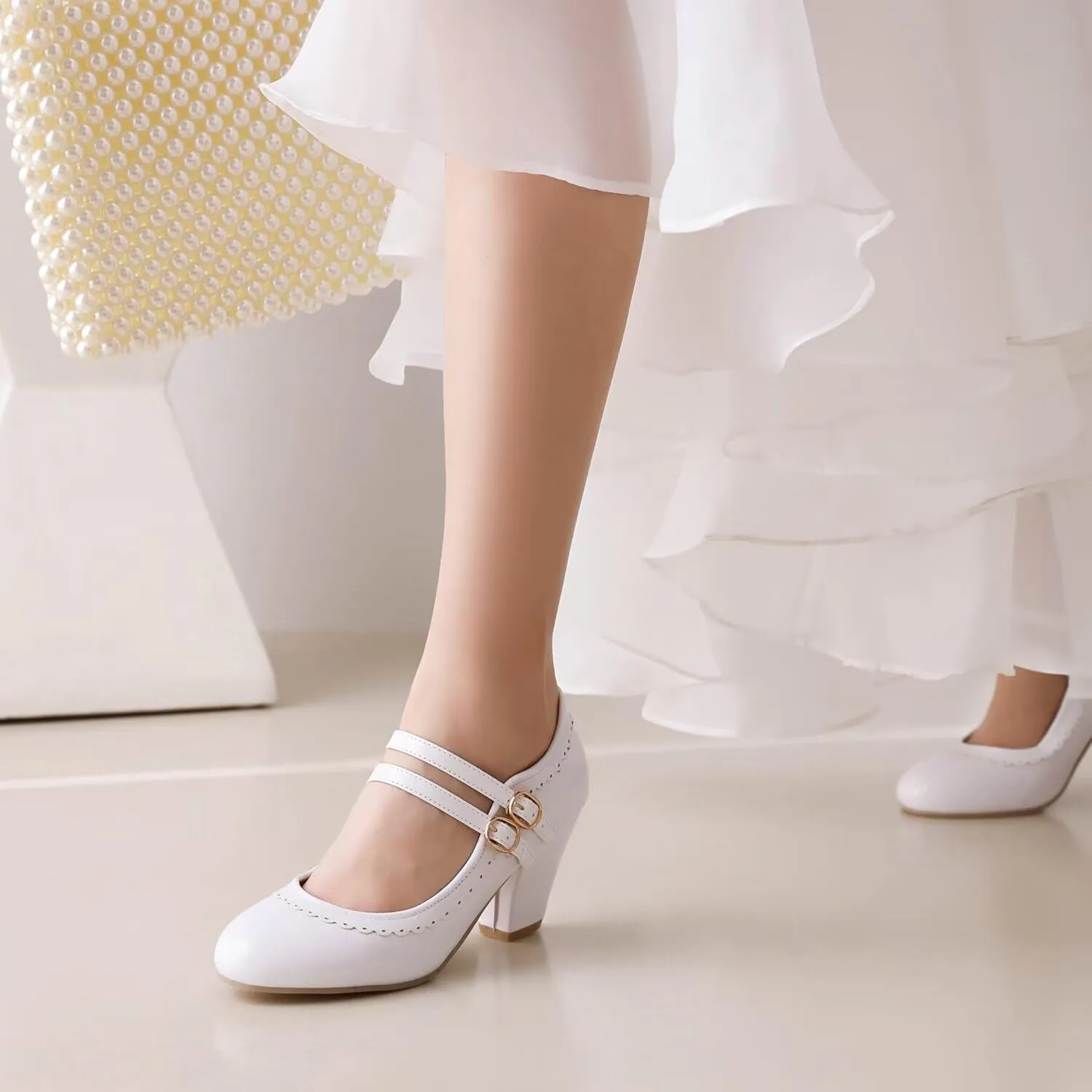 Women's Low Heels Mary Janes Shoes Chunky Closed Toe Straps Block Heels Sweet Dress Wedding Party Pumps Shoes Female Large Size