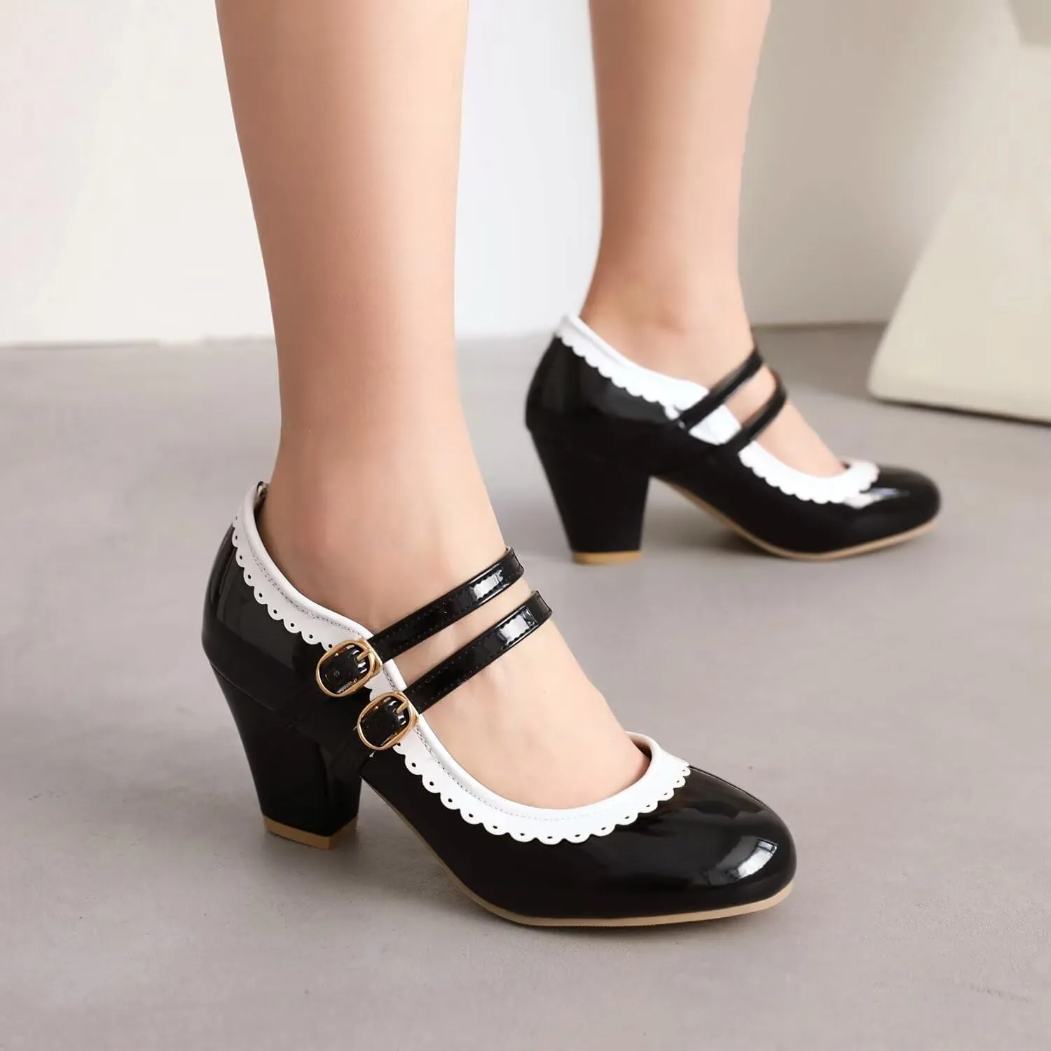 Women's Low Heels Mary Janes Shoes Chunky Closed Toe Straps Block Heels Sweet Dress Wedding Party Pumps Shoes Female Large Size