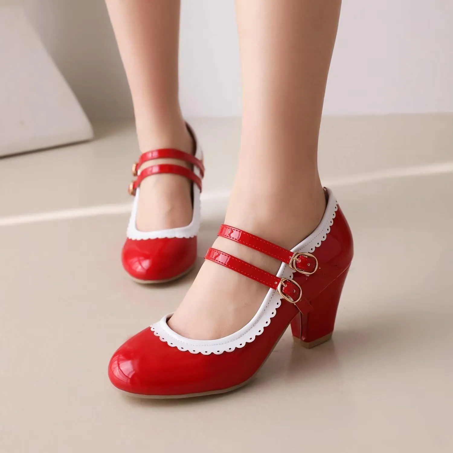 Women's Low Heels Mary Janes Shoes Chunky Closed Toe Straps Block Heels Sweet Dress Wedding Party Pumps Shoes Female Large Size