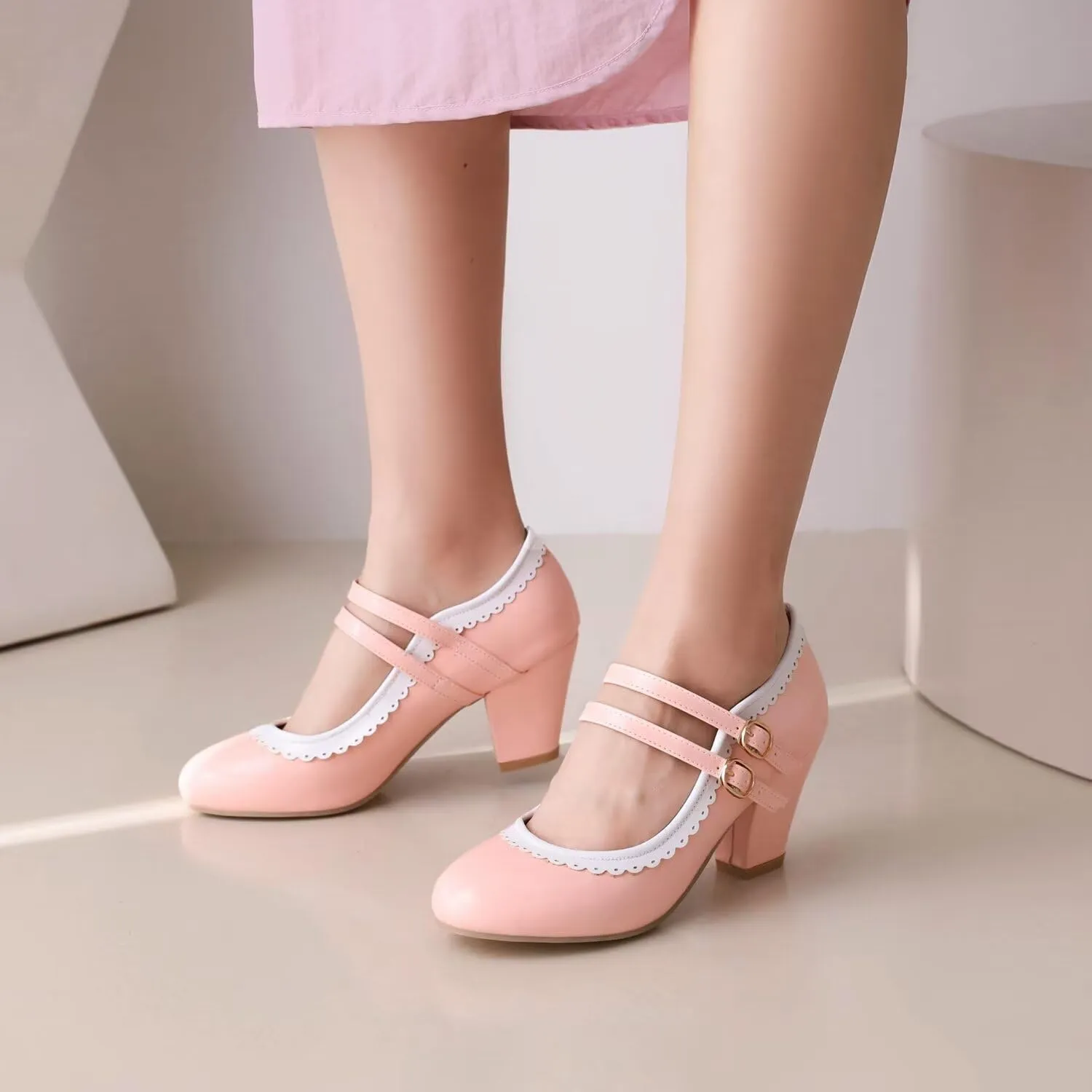 Women's Low Heels Mary Janes Shoes Chunky Closed Toe Straps Block Heels Sweet Dress Wedding Party Pumps Shoes Female Large Size