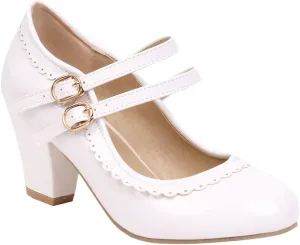 Women's Low Heels Mary Janes Shoes Chunky Closed Toe Straps Block Heels Sweet Dress Wedding Party Pumps Shoes Female Large Size