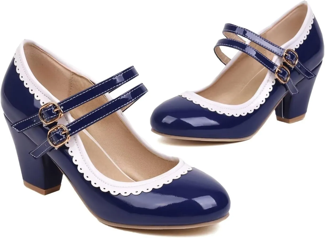 Women's Low Heels Mary Janes Shoes Chunky Closed Toe Straps Block Heels Sweet Dress Wedding Party Pumps Shoes Female Large Size
