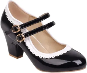 Women's Low Heels Mary Janes Shoes Chunky Closed Toe Straps Block Heels Sweet Dress Wedding Party Pumps Shoes Female Large Size