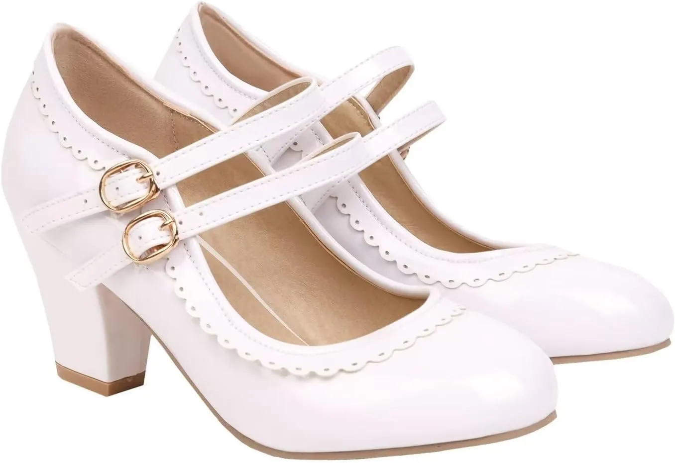 Women's Low Heels Mary Janes Shoes Chunky Closed Toe Straps Block Heels Sweet Dress Wedding Party Pumps Shoes Female Large Size
