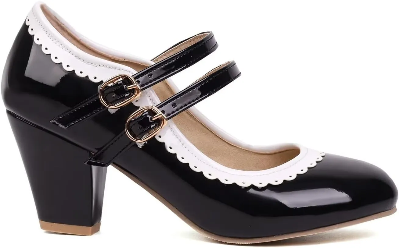 Women's Low Heels Mary Janes Shoes Chunky Closed Toe Straps Block Heels Sweet Dress Wedding Party Pumps Shoes Female Large Size