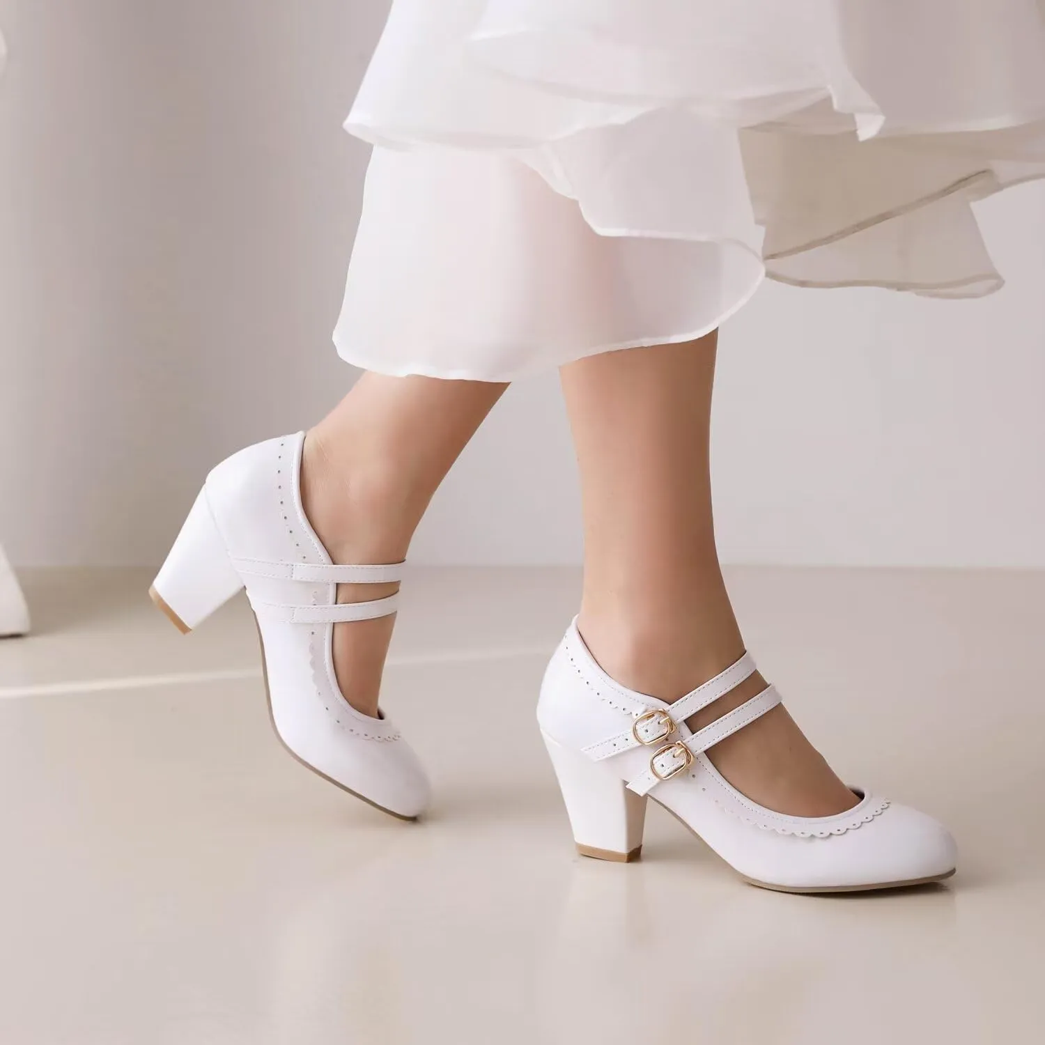 Women's Low Heels Mary Janes Shoes Chunky Closed Toe Straps Block Heels Sweet Dress Wedding Party Pumps Shoes Female Large Size