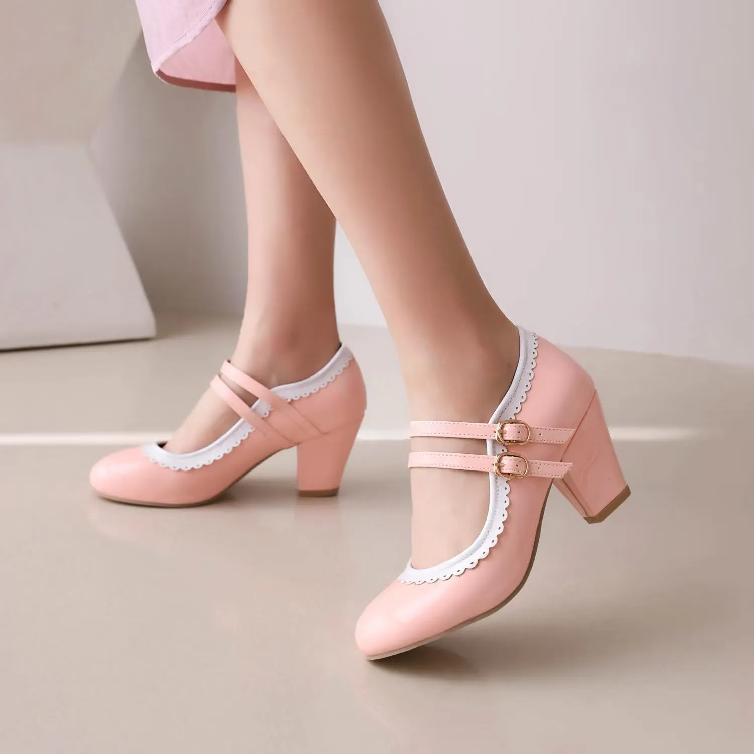 Women's Low Heels Mary Janes Shoes Chunky Closed Toe Straps Block Heels Sweet Dress Wedding Party Pumps Shoes Female Large Size