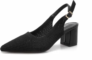 Women's Mid Chunky Heel Knit Slingback Closed Pointed Toe Pumps for Women Ankle Strap Elastic Mesh Dress Casual Heels Shoes Breathable 2.36 Inch