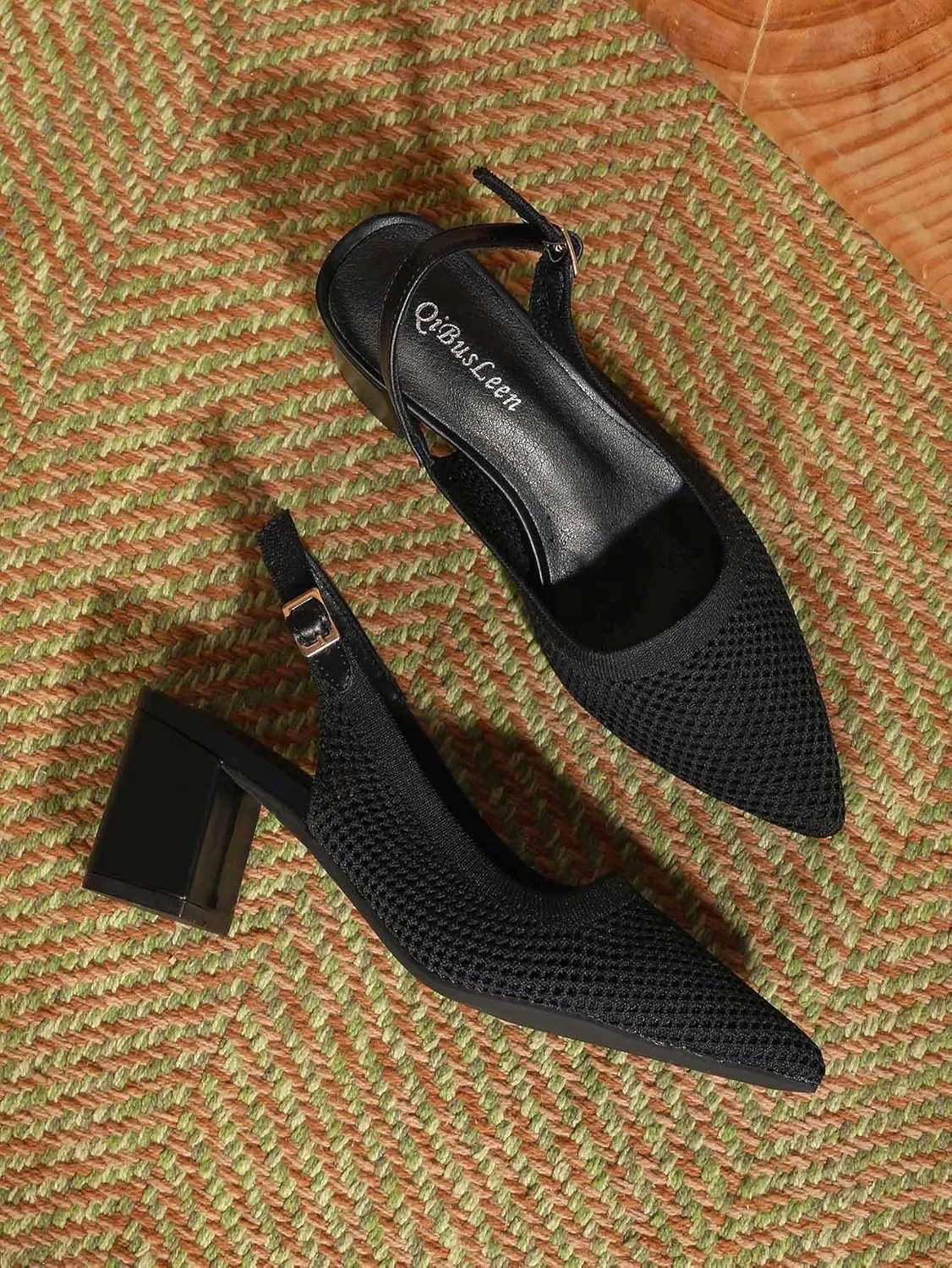Women's Mid Chunky Heel Knit Slingback Closed Pointed Toe Pumps for Women Ankle Strap Elastic Mesh Dress Casual Heels Shoes Breathable 2.36 Inch