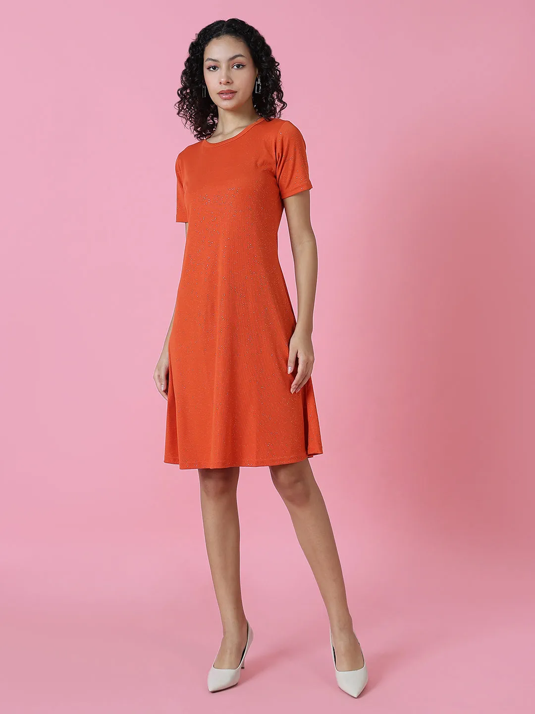 Women's Orange Embellished A-Line Dress