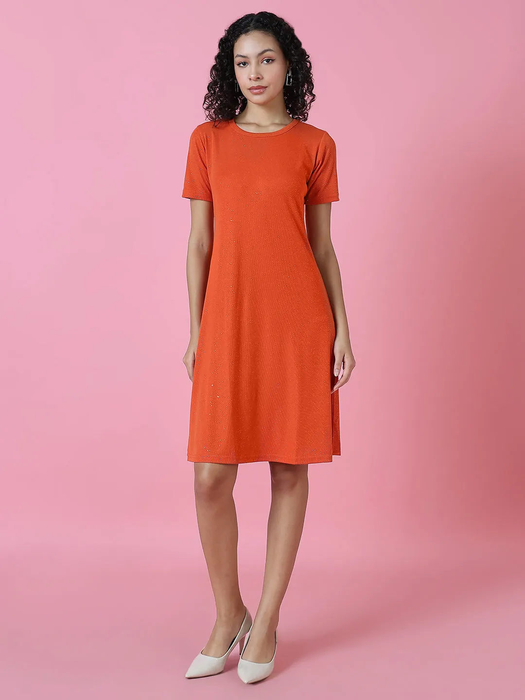Women's Orange Embellished A-Line Dress