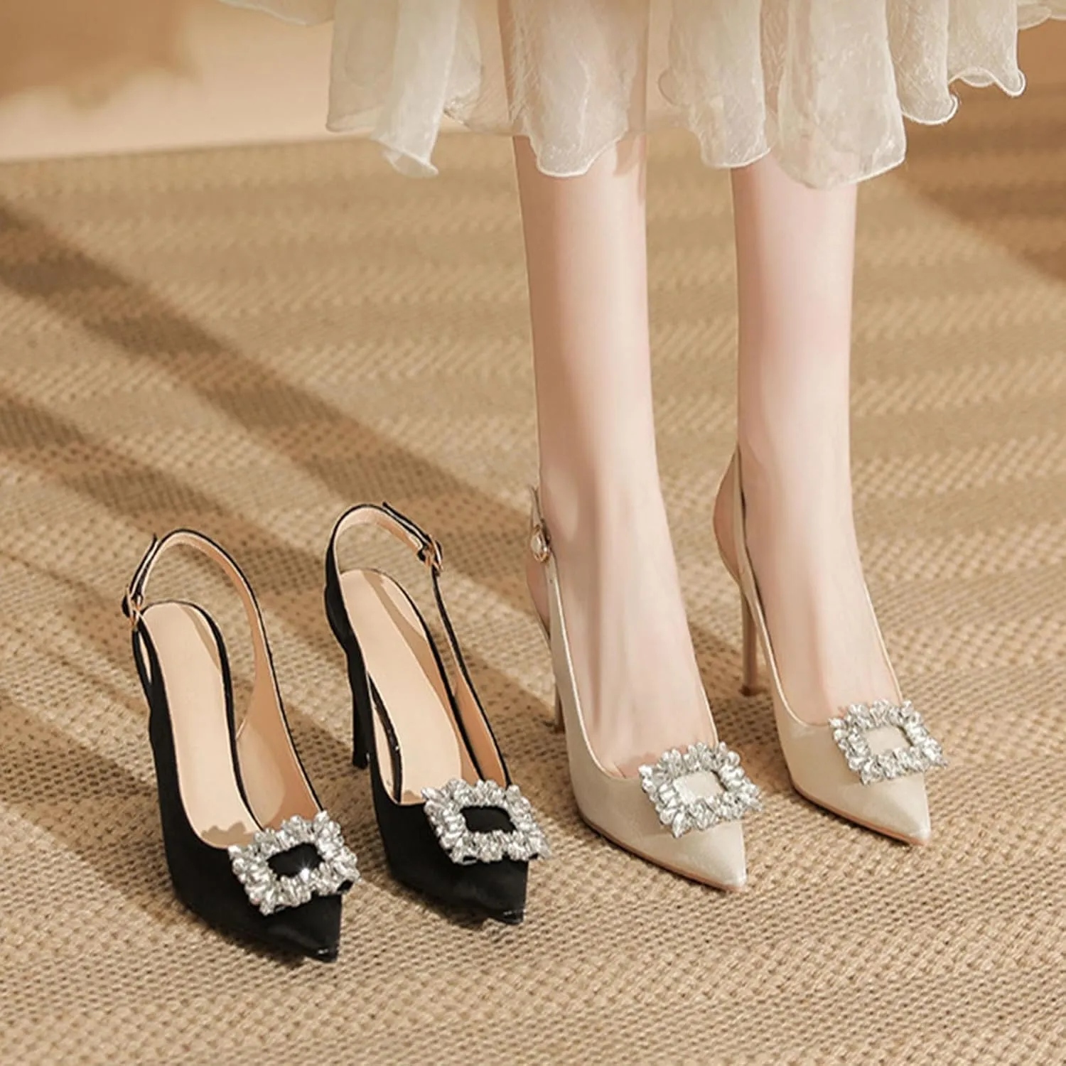 Women's Rhinestone Embellished Stiletto High Heels, Slingback Cutout Design Adjustable Ankle Strap Pumps Shoes Date Casual Heels Shoes