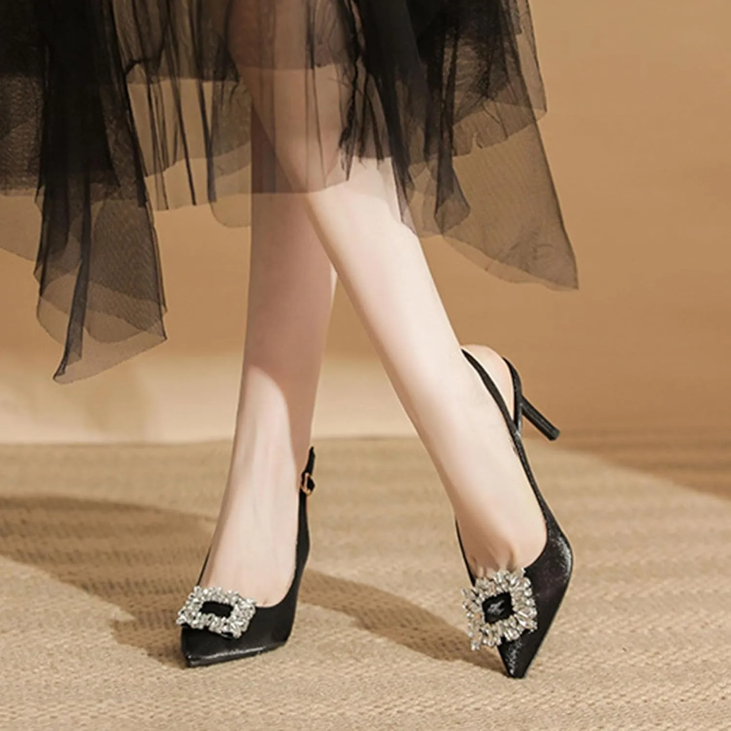 Women's Rhinestone Embellished Stiletto High Heels, Slingback Cutout Design Adjustable Ankle Strap Pumps Shoes Date Casual Heels Shoes