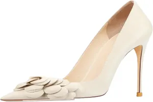 Women's Sexy Stiletto High Heels Comfortable Closed Pointed Toe White Dress Shoes Business Casual Heels Pumps with Flower