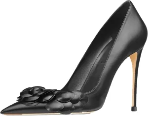 Women's Sexy Stiletto High Heels Comfortable Closed Pointed Toe White Dress Shoes Business Casual Heels Pumps with Flower