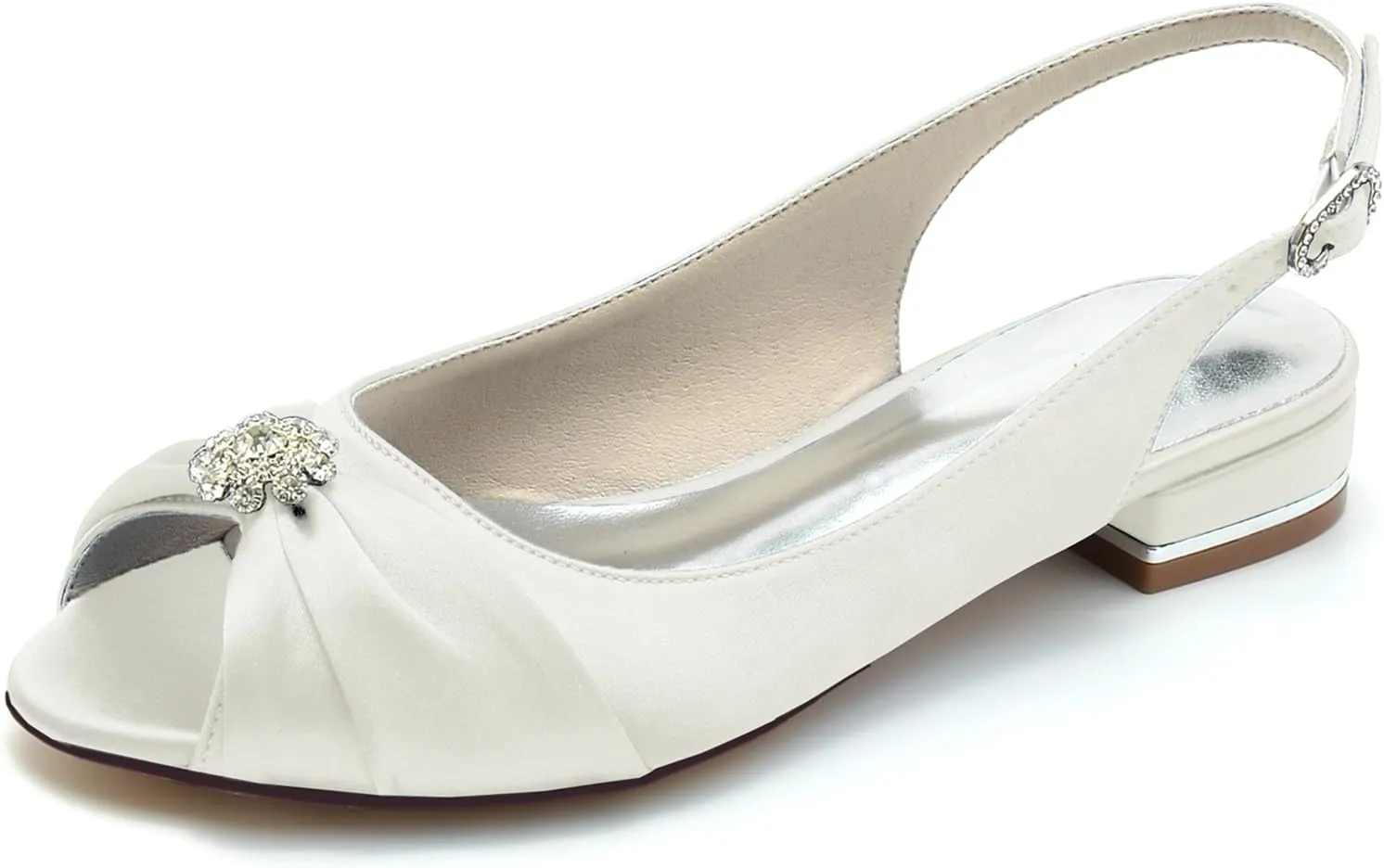 Womens Slip On Wedding Dress Shoes Peep Toe Low Heel Bridal Shoes Slingback Sandals Satin Evenging Party Work Flat Rhinestone Sling Back Sandals