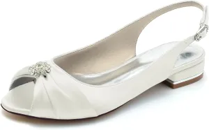 Womens Slip On Wedding Dress Shoes Peep Toe Low Heel Bridal Shoes Slingback Sandals Satin Evenging Party Work Flat Rhinestone Sling Back Sandals